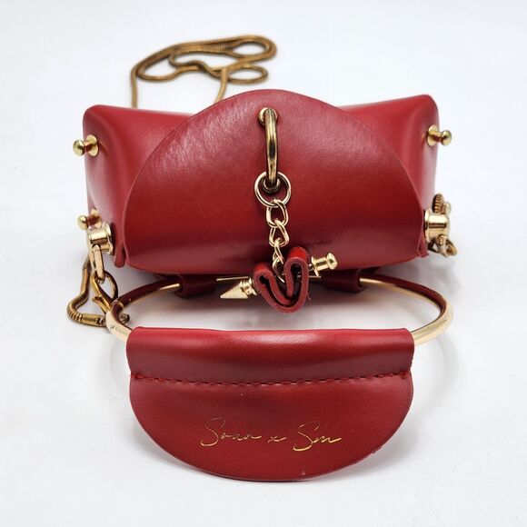 Micro Mini Red Gold Circle Handle Crossbody Bag - Picture 6 of 10